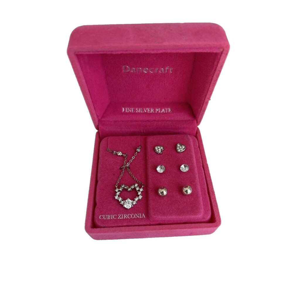 Danecraft Fine Silver Plate Cubic Zirconia Heart Necklace and Stud Earrings Set